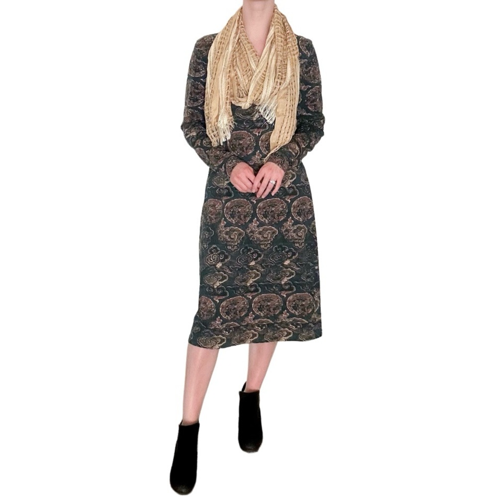 Peruvian Connection dress Dragon maxi mid long sleeve teal blue green boho print
